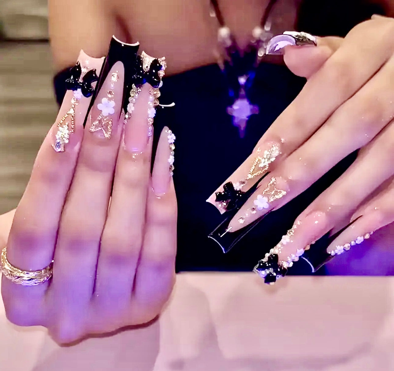 Black French Tips with Bows and Rhinestones Long Press On Nails