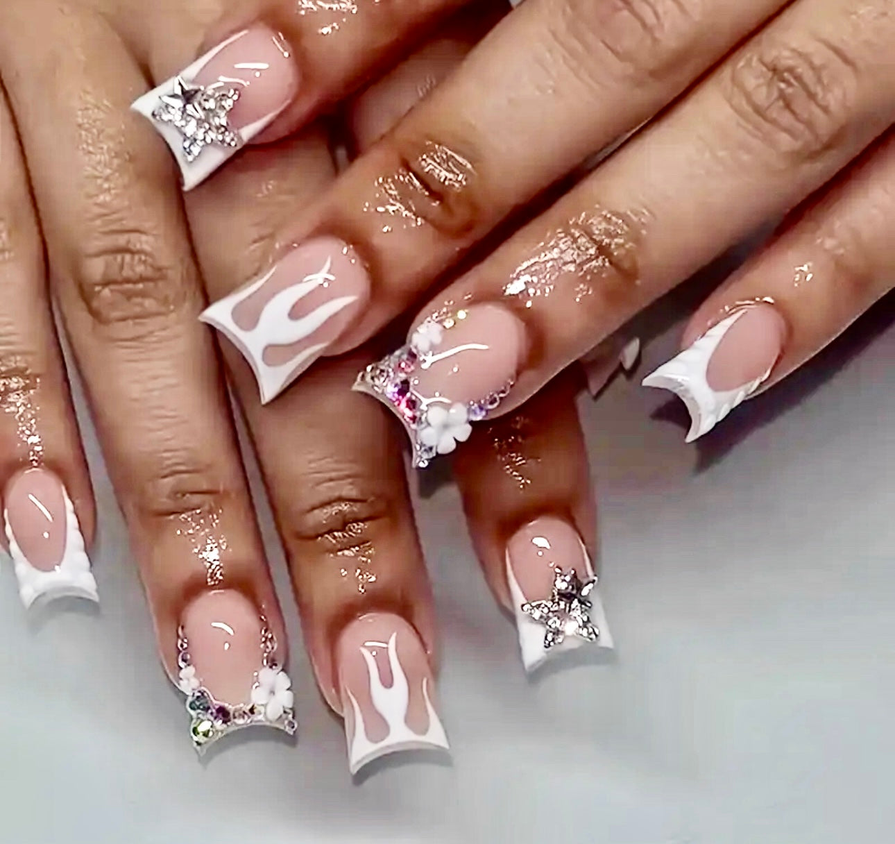 White French Tips with Flames and Rhinestones Short Press On Nails