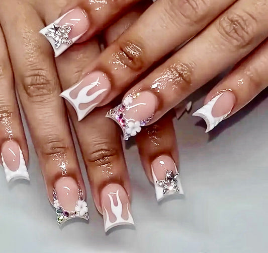 White French Tips with Flames and Rhinestones Short Press On Nails