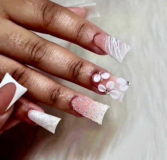 White French Tip Flower and Glitter Design Medium Length Duck Press On Nails