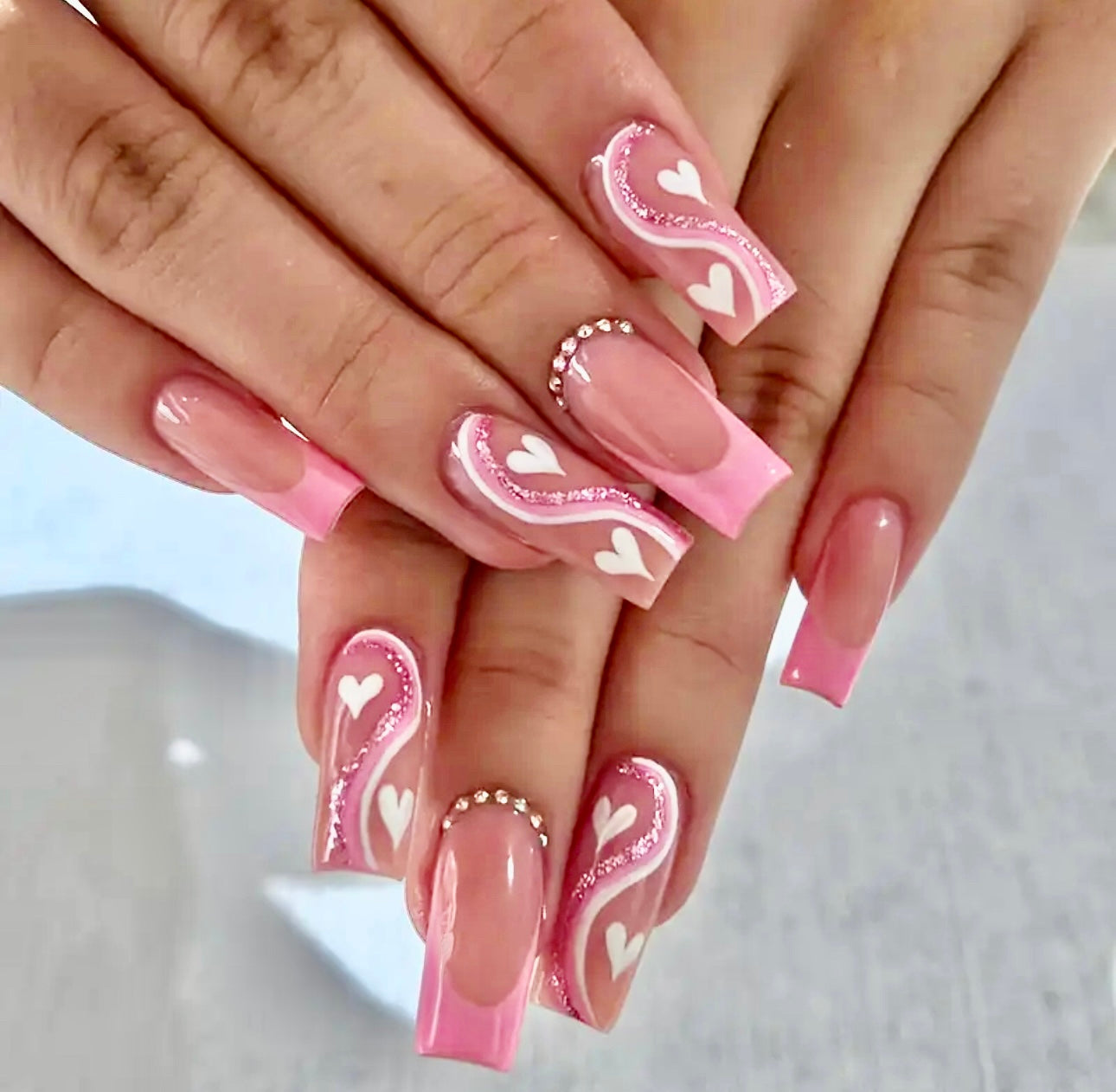 Pink French Tips with Swirl Heart Design Medium Long Press On Nails