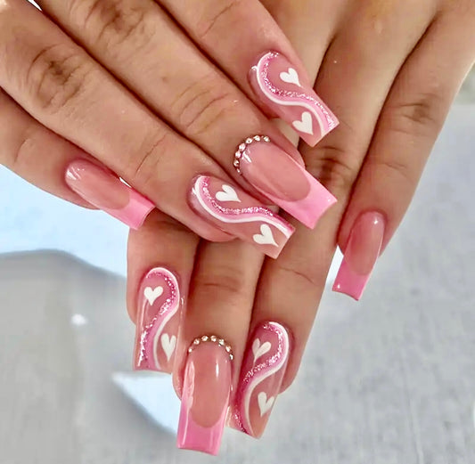 Pink French Tips with Swirl Heart Design Medium Long Press On Nails