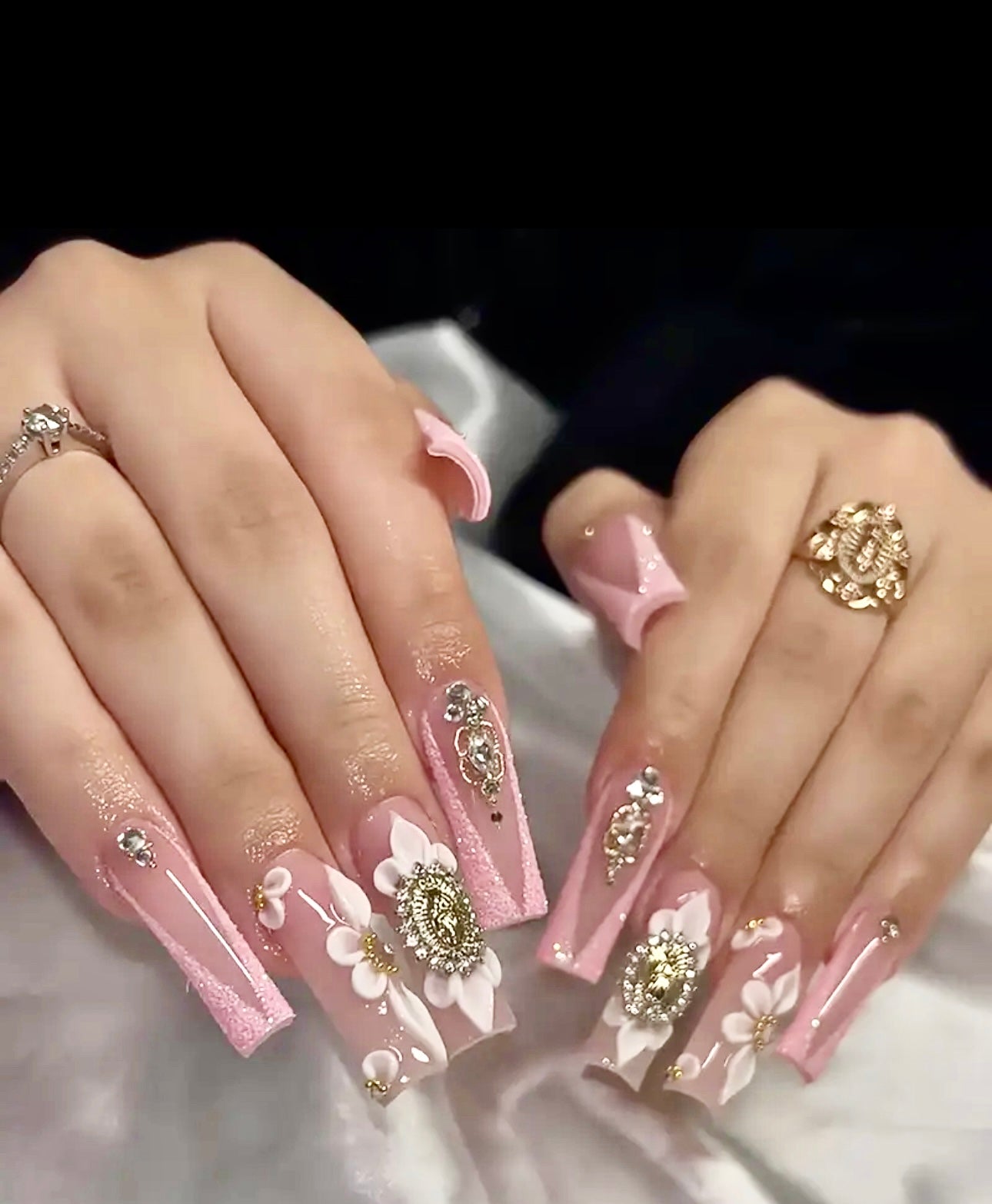 Pink Glitter French Tips with Flower Designs and Gold Charm Rhinestones Long Press On Nails