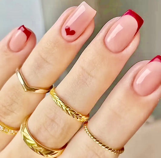 Red French Tips with Hearts Short Press On Nails