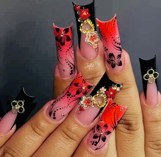 Black and Red Long  Press On Nails