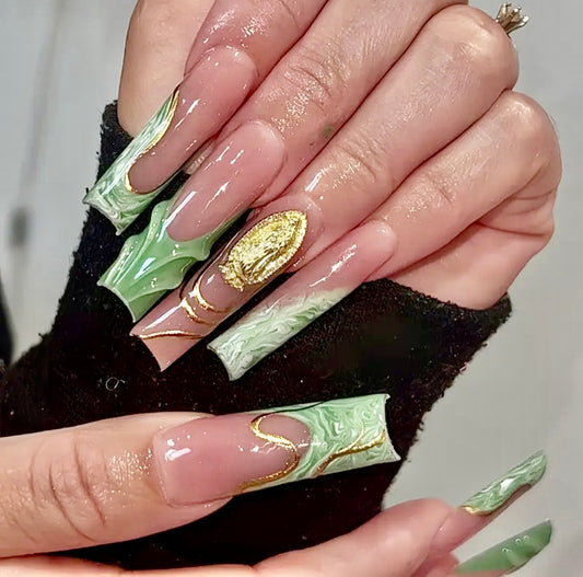 Green French Tips with Gold Swirl Designs Long Press On Nails