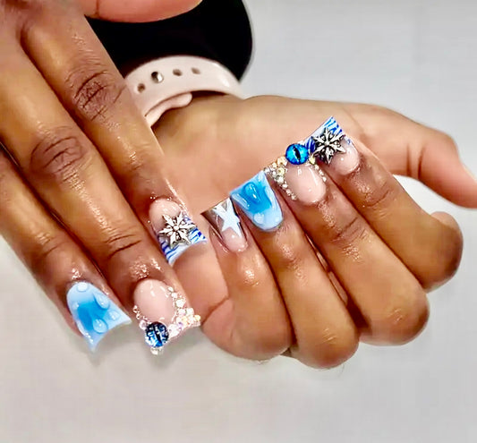 Blue Water Drop Design with Rhinestones and Charms Short Duck Press On Nails