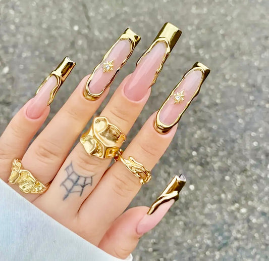 Gold Chrome French Tips Long Press On Nails