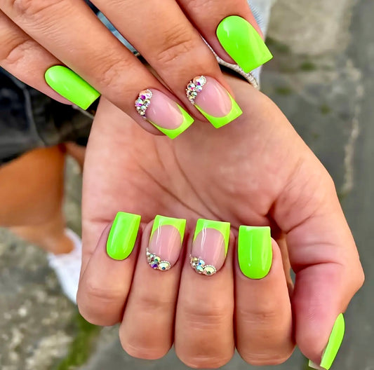 Green French Tips and Rhinestones Short Press On Nails