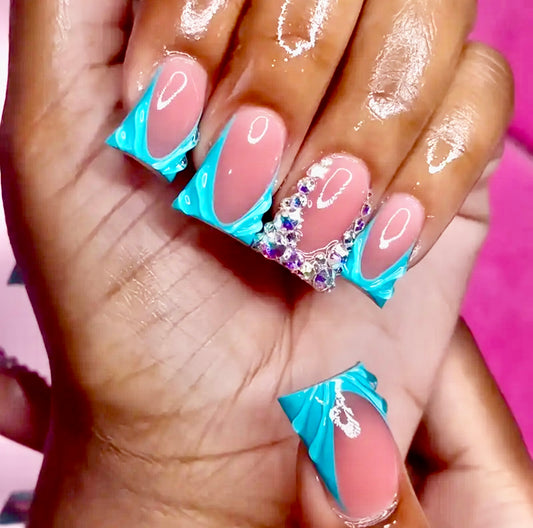 Teal Swirl French Tips with Rhinestones Short Duck Press On Nails