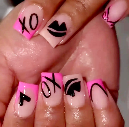 Valentine’s Day Pink XO French Tips with Lips and Hearts Short Press On Nails