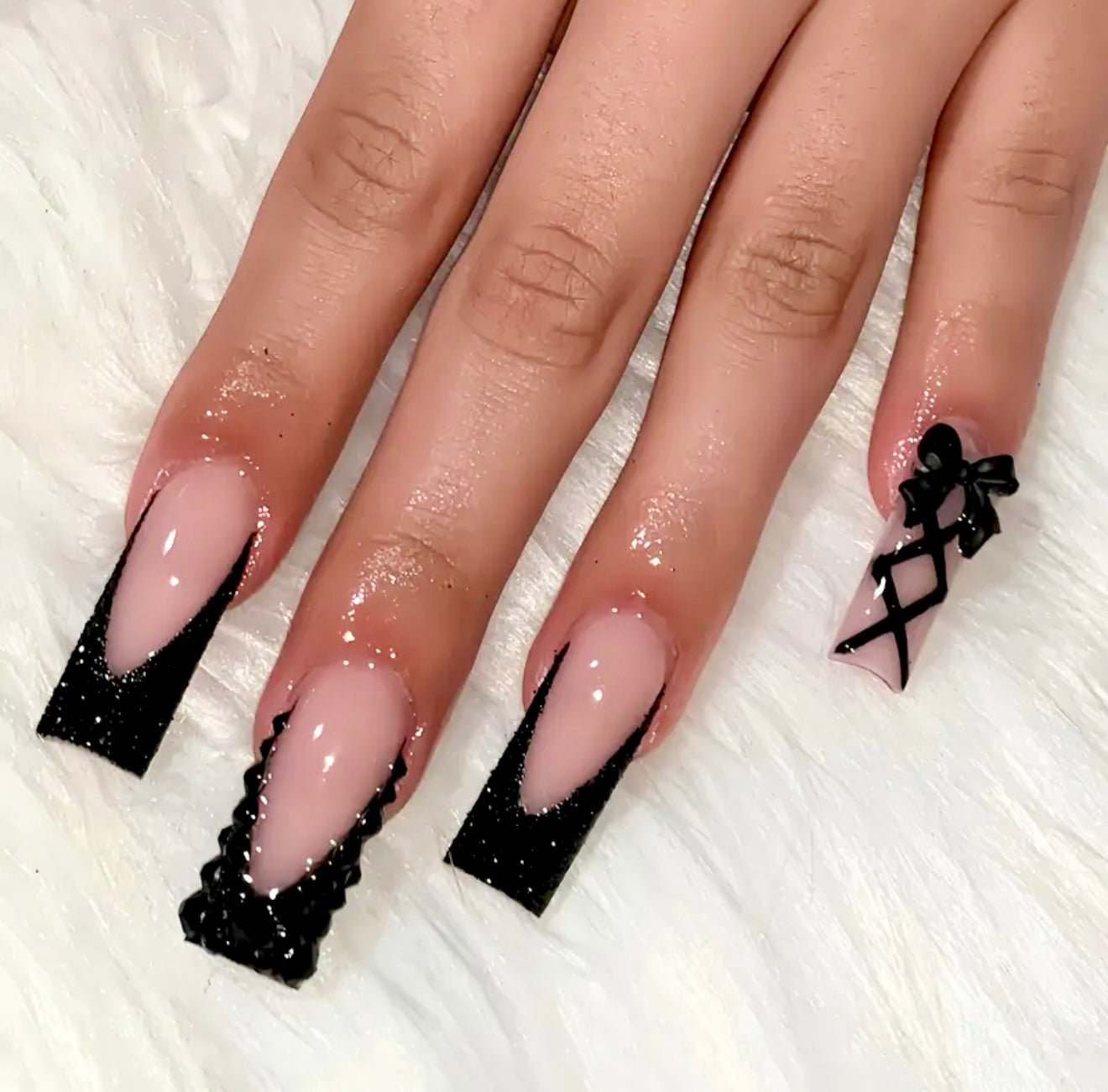 Black French Tips Long Press On Nails