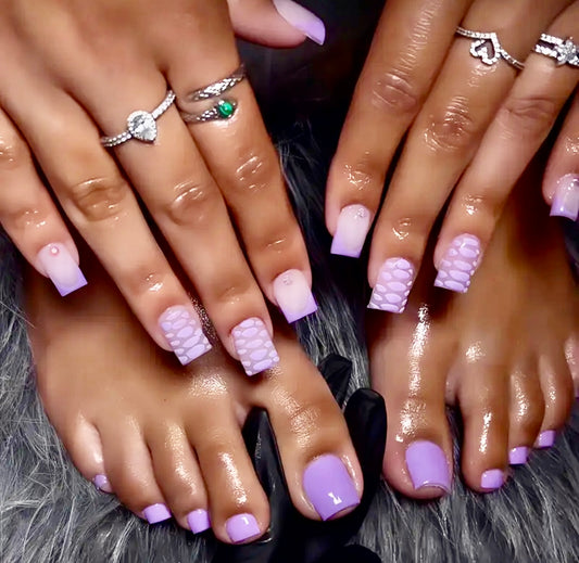 Purple Patterned French Tips Short Press On Nails and Toe Nails Set