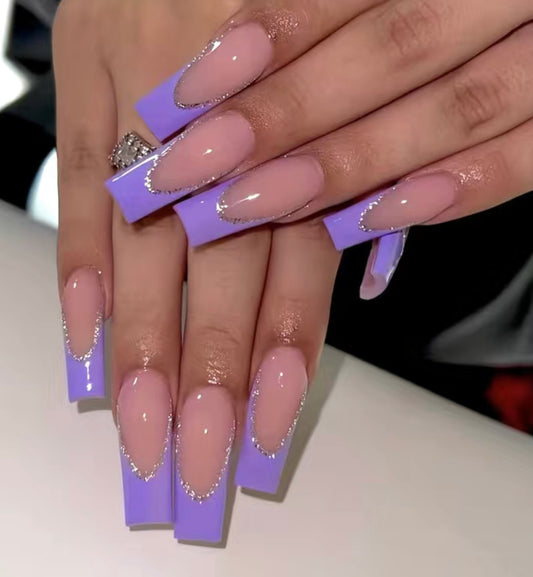 Purple French Tip Long Press On Nails