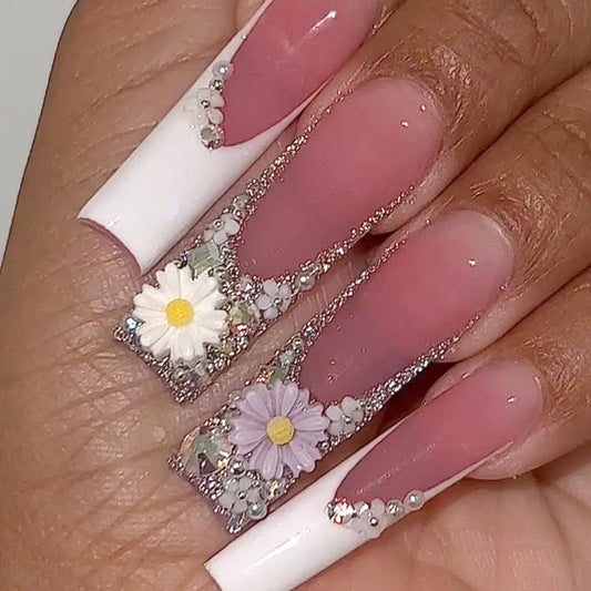 White French Tips Long Press On Nails
