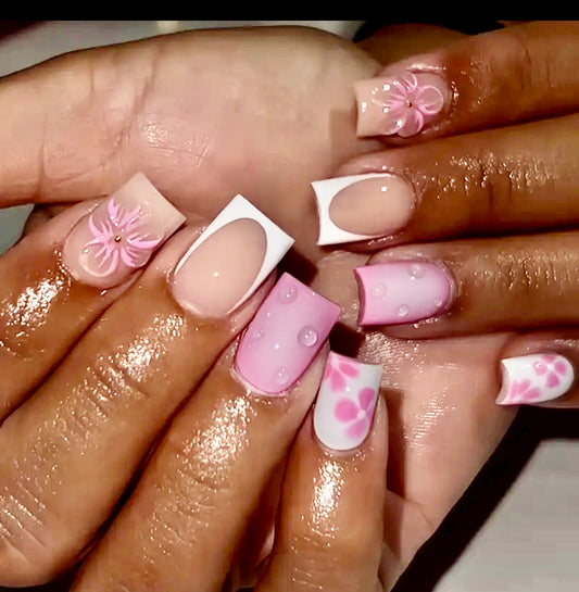 Pink and White with Flowers Short Press On Nails