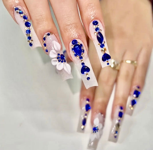 Blue Rhinestones && Flowers Long Press On Nails