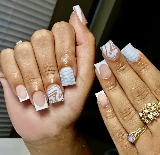 White French Tips && Swirl Designs Short Press On Nails