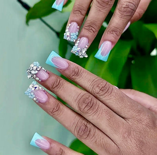 Blue French Tips with Butterflies and Rhinestones Short Duck Press On Nails