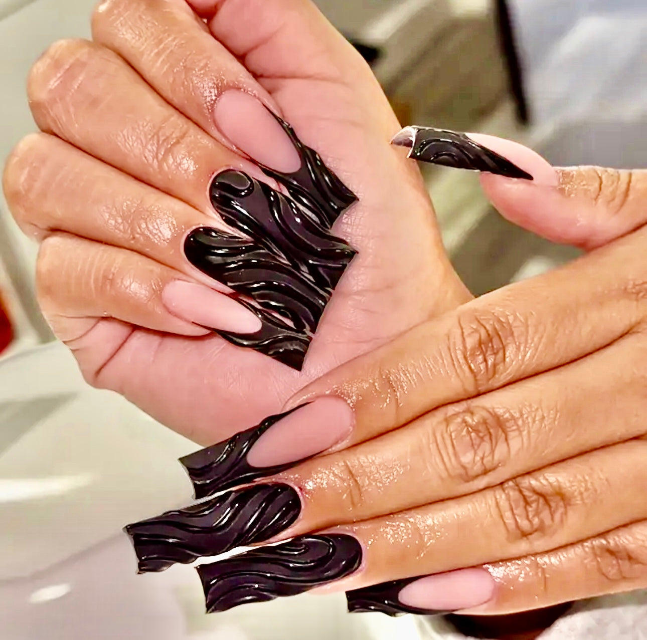Black French Tips and Puff Designs Long Press On Nails