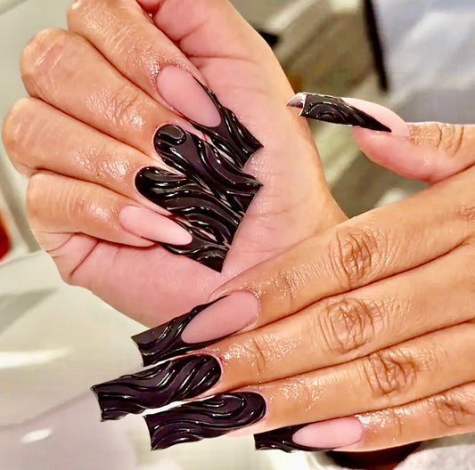Black French Tips and Puff Designs Long Press On Nails