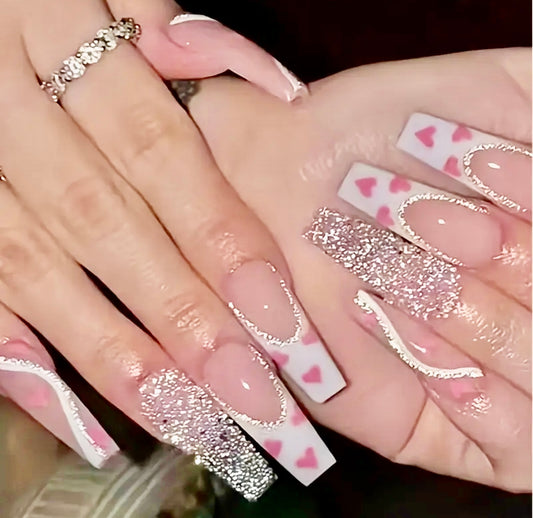 White French Tips with Pink Hearts and Glitter Long Press On Nails