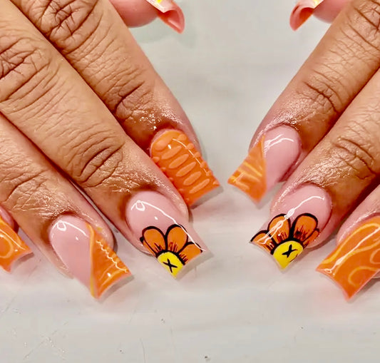 Orange Tips with Patterned Designs and Flowers Short Press On Nails