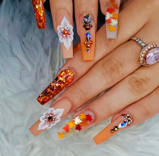 Orange Tone with Glitter Gradient Maple Leaves and Rhinestone Accents Long Press On Nails